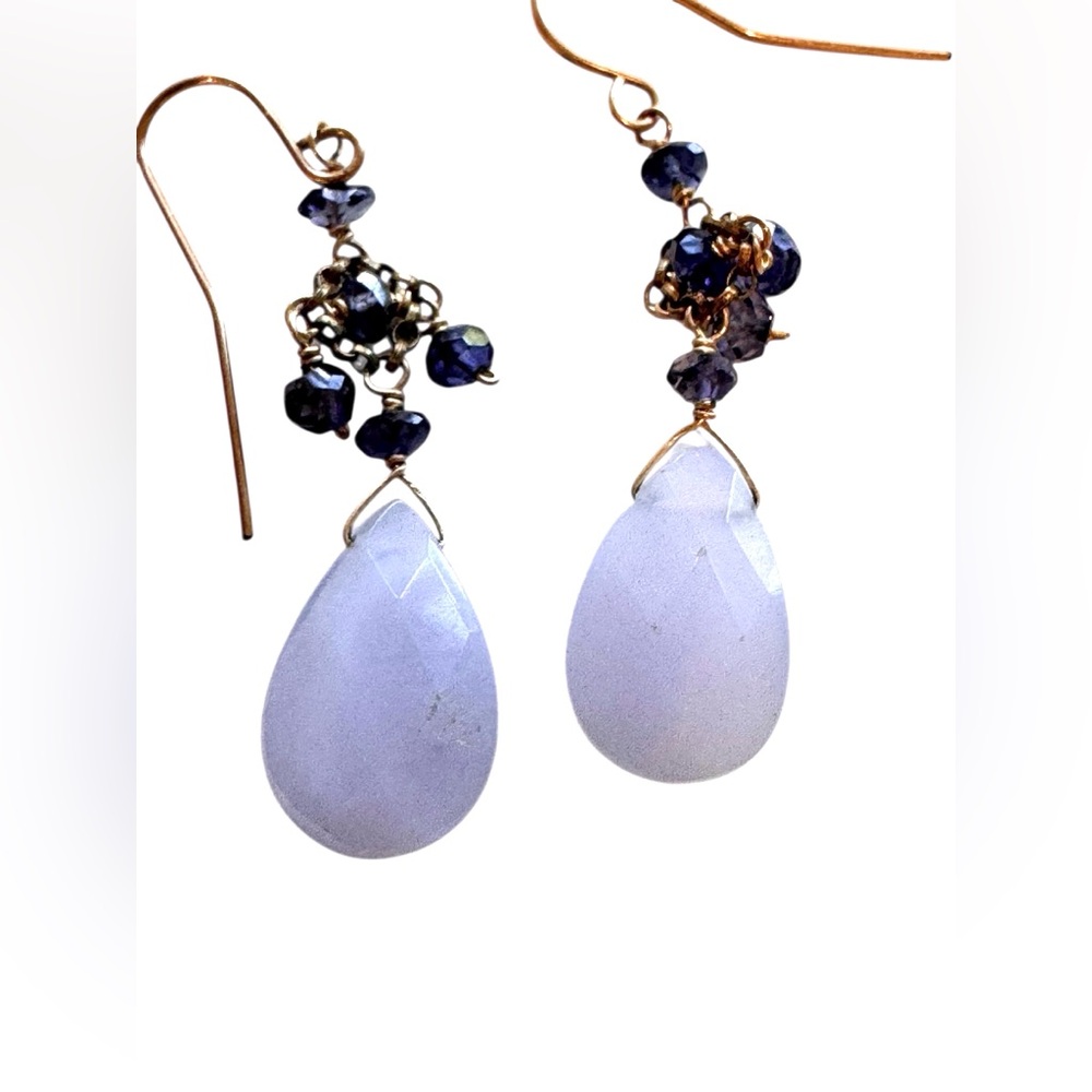 Elegant Blue Calcedony and Tanzinite Teardrop Earrings. Gold Wire Hooks. EUC